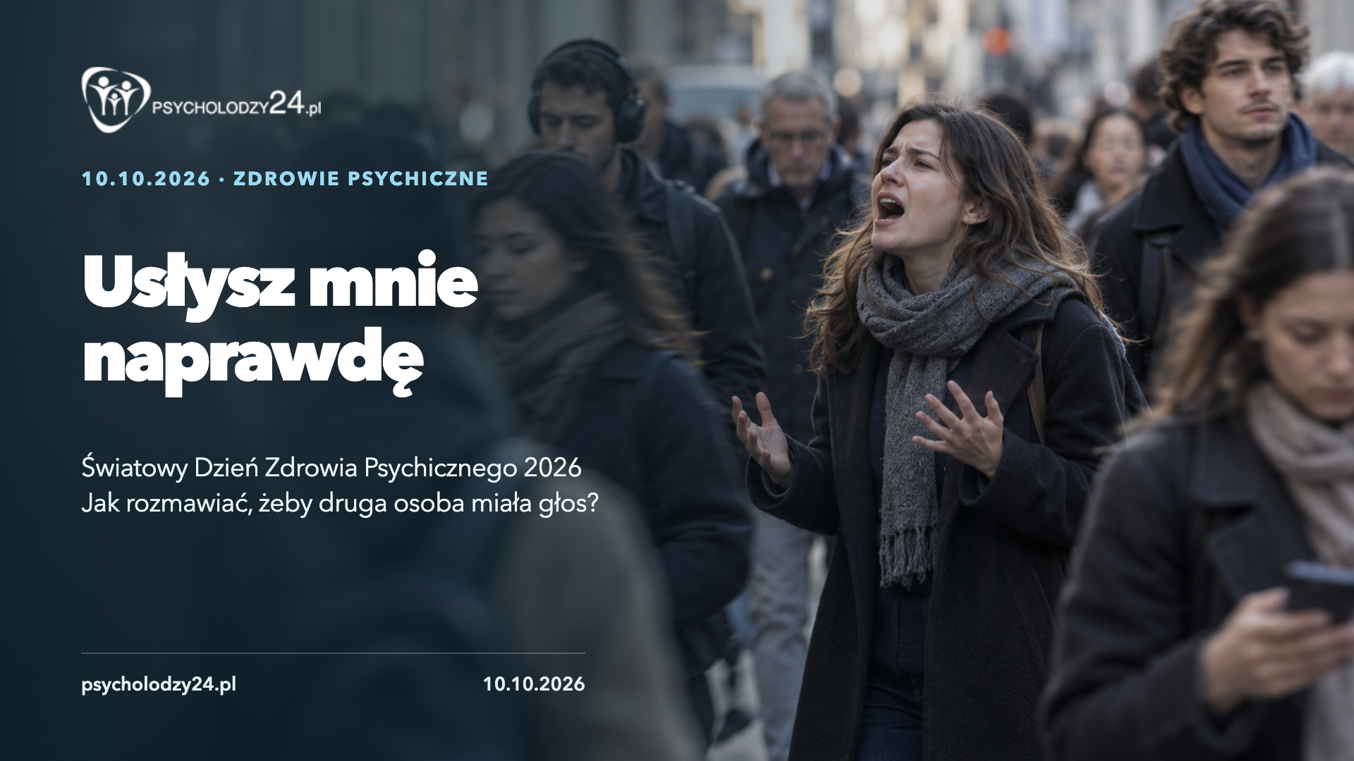 Kobieta woła pośród tłumu na ulicy, a mijające ją osoby patrzą przed siebie lub na telefony.